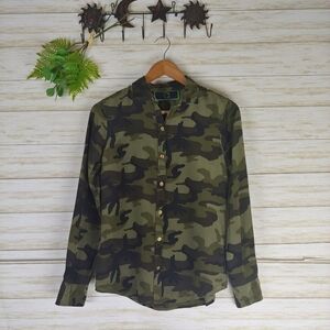 C Wonder Green Camo Print Silk Button Blouse
